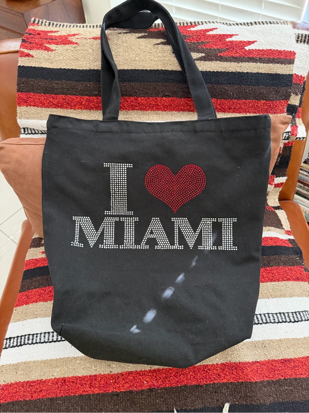 I Love Miami Black Canvas Tote Bag With sequins